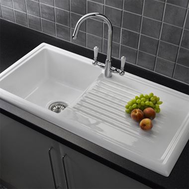 Reginox 1 Bowl White Ceramic Kitchen Sink & Waste Kit with Reversible Drainer - 1010 x 530mm